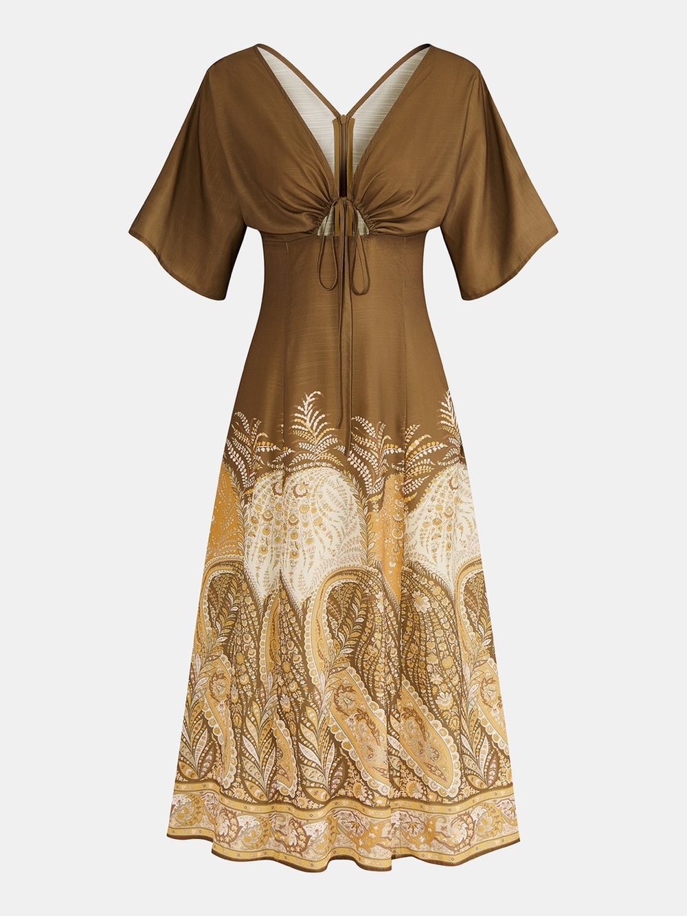 Commense Boho Paisley Cutout Midi Dress Brown Cream Flutter Sleeve Resort Size L
